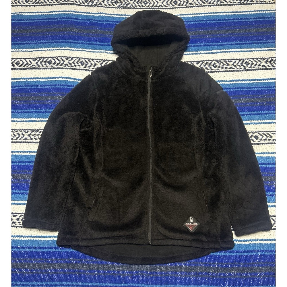 Spyder Jacket Womens Medium Black Furry Full Zip Hooded Fleece Winter Warm Coat